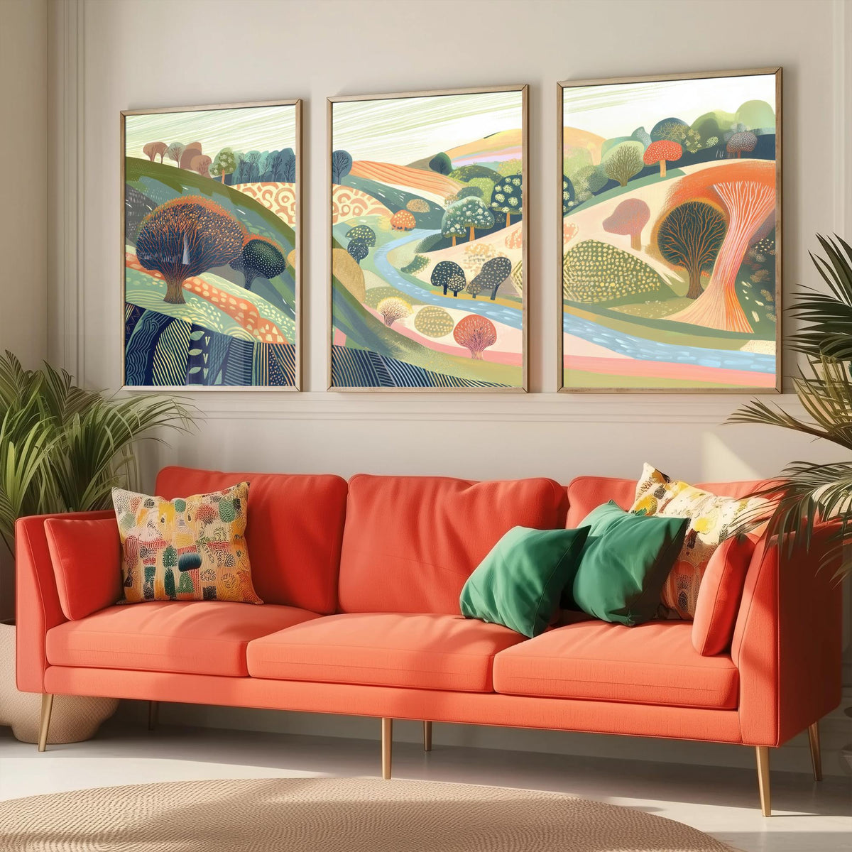 Graphic Landscape Set of Three Art Prints - 3 Orchard Hills Posters - Folk Art River Painting Wall Art Gift Countryside V8