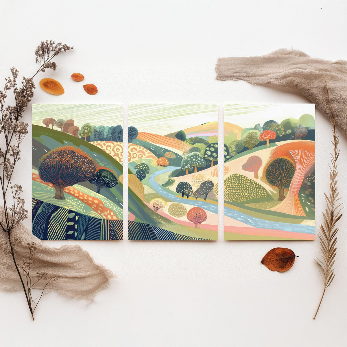 Graphic Landscape Set of Three Art Prints - 3 Orchard Hills Posters - Folk Art River Painting Wall Art Gift Countryside V8