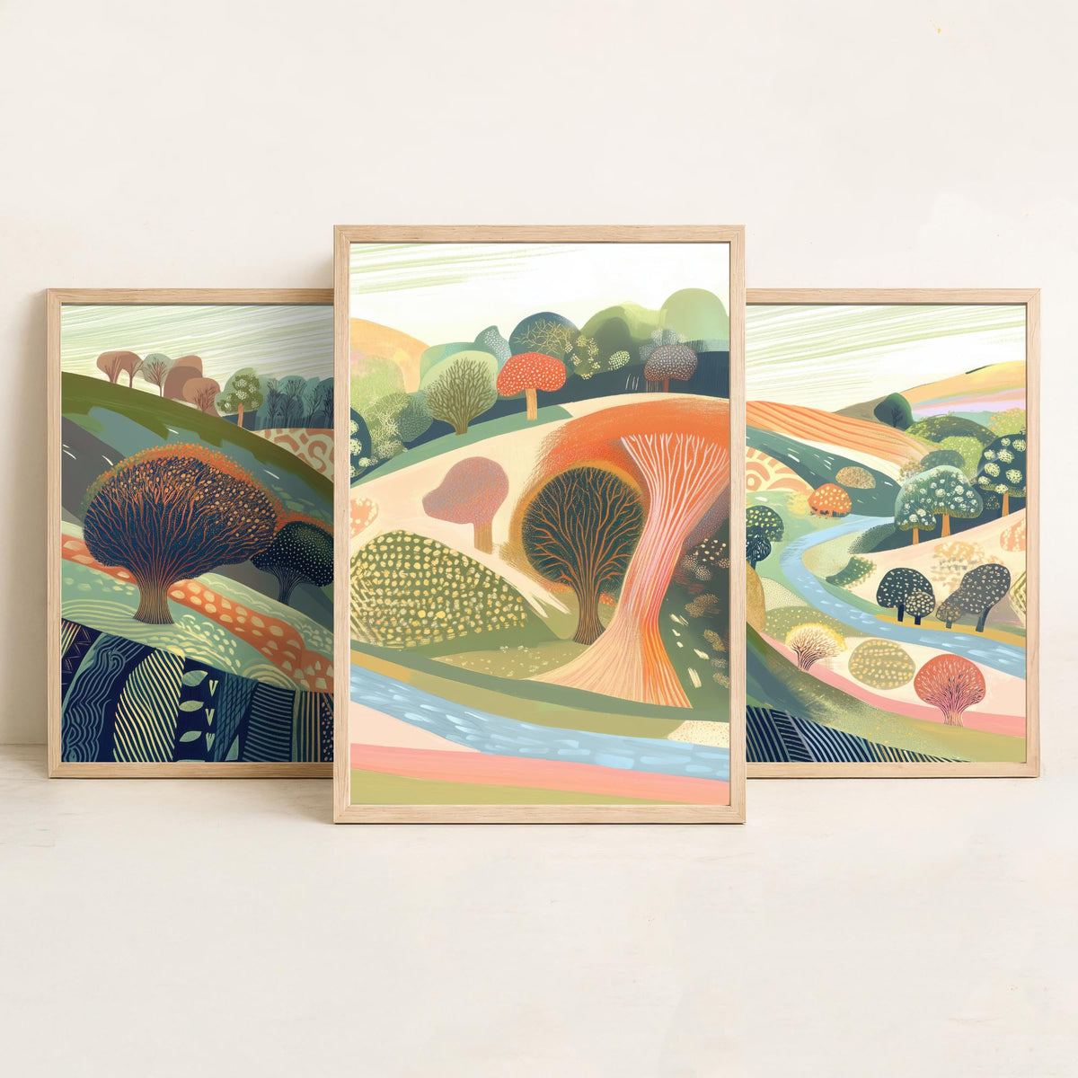 Graphic Landscape Set of Three Art Prints - 3 Orchard Hills Posters - Folk Art River Painting Wall Art Gift Countryside V8