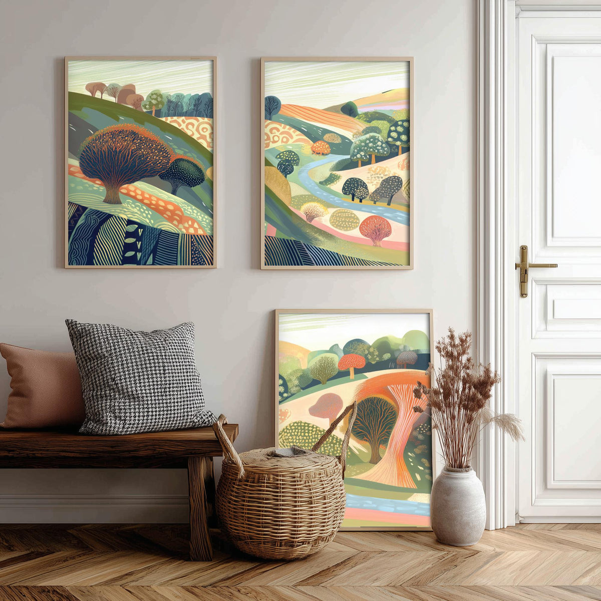 Graphic Landscape Set of Three Art Prints - 3 Orchard Hills Posters - Folk Art River Painting Wall Art Gift Countryside V8