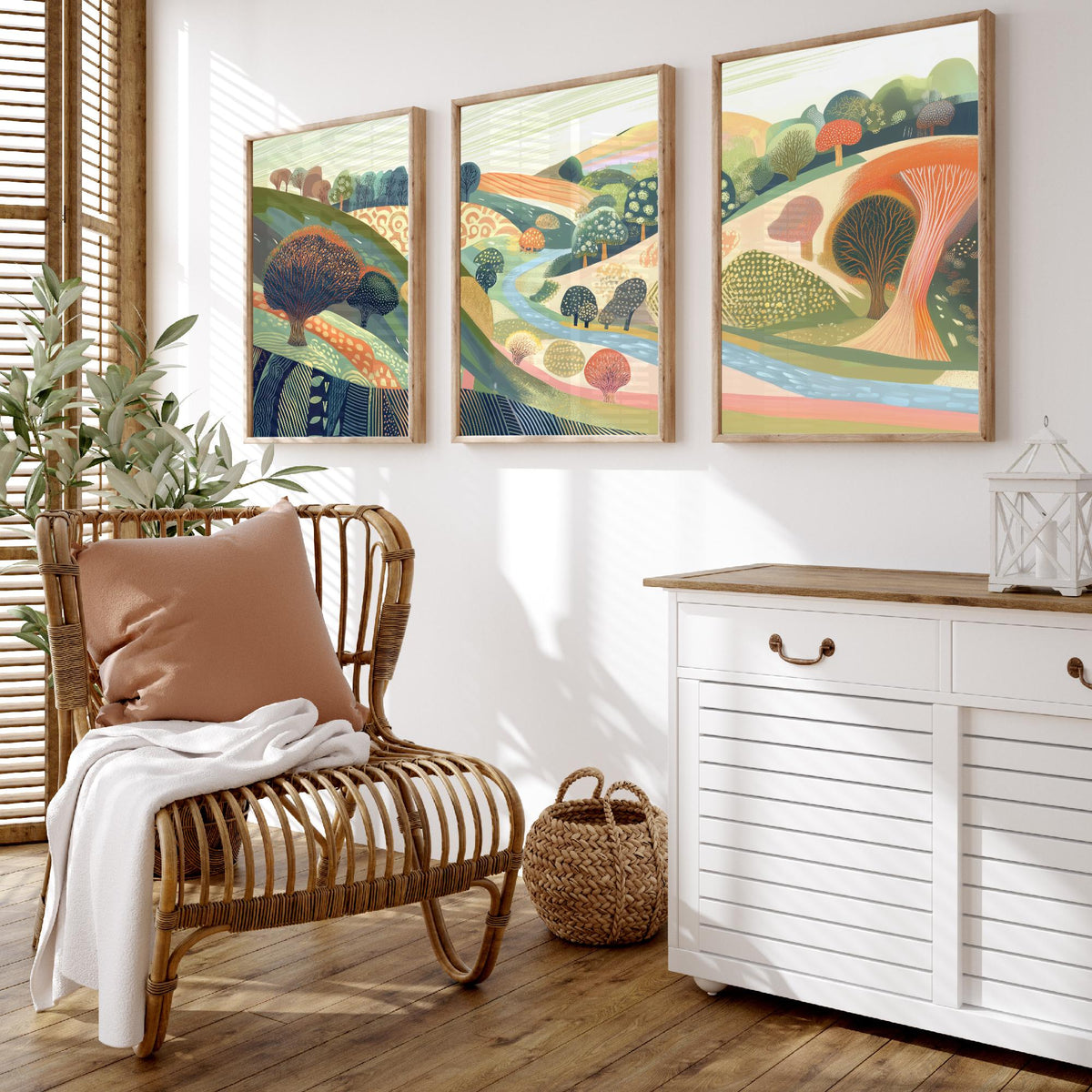 Graphic Landscape Set of Three Art Prints - 3 Orchard Hills Posters - Folk Art River Painting Wall Art Gift Countryside V8