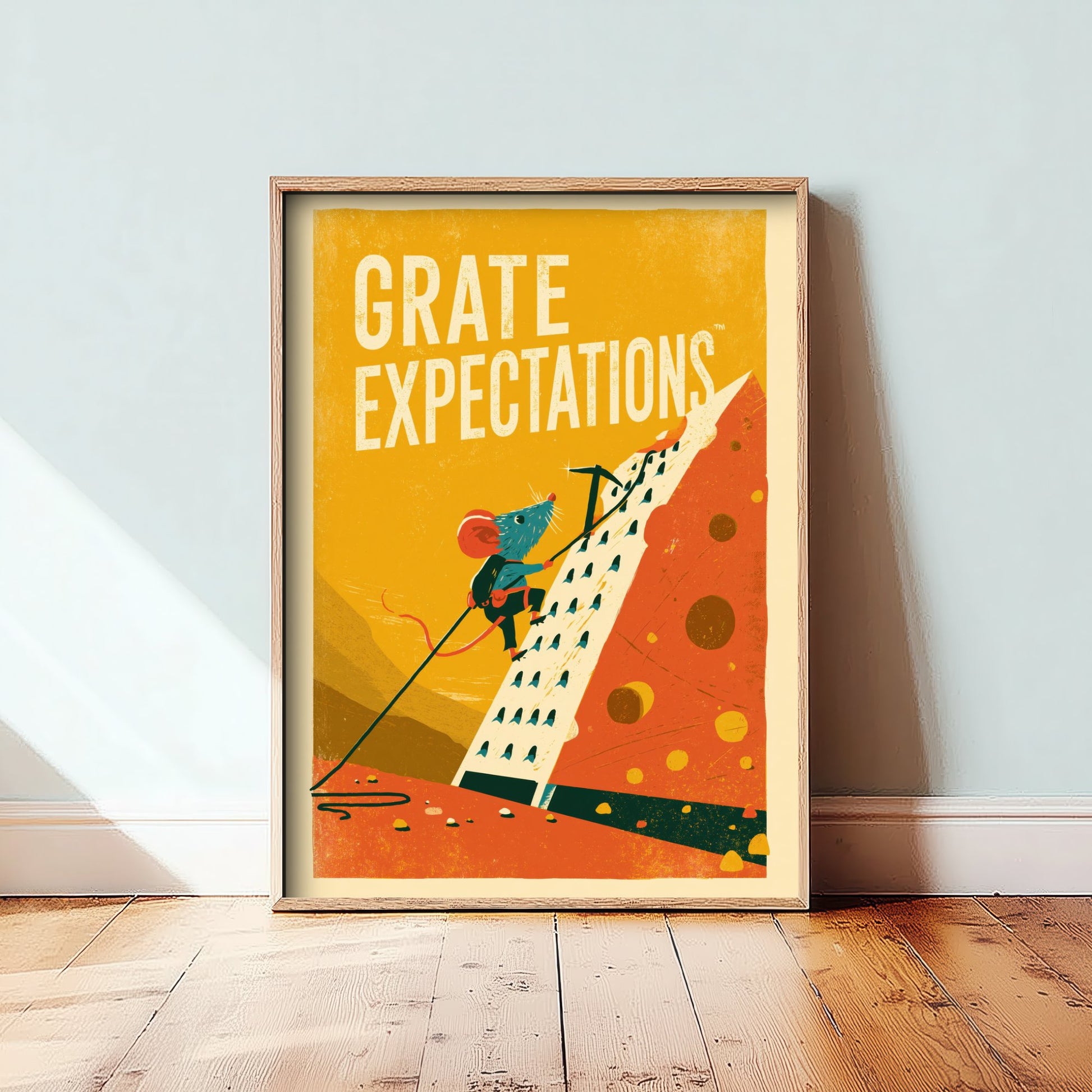 Grate Expectations Art Print - Funny Mouse and Cheese Grater Kitchen Poster - Retro Pun Illustration