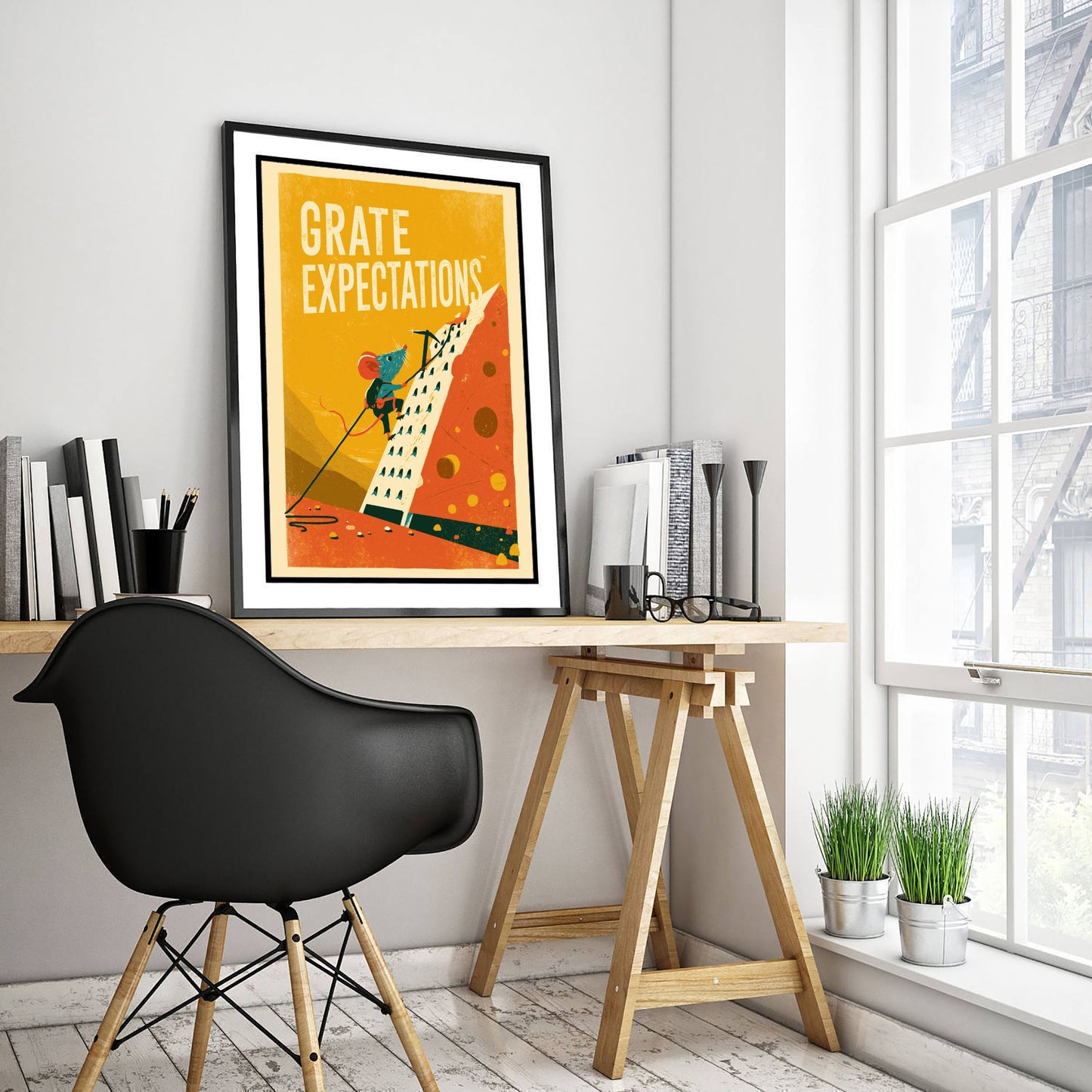 Grate Expectations Art Print - Funny Mouse and Cheese Grater Kitchen Poster - Retro Pun Illustration