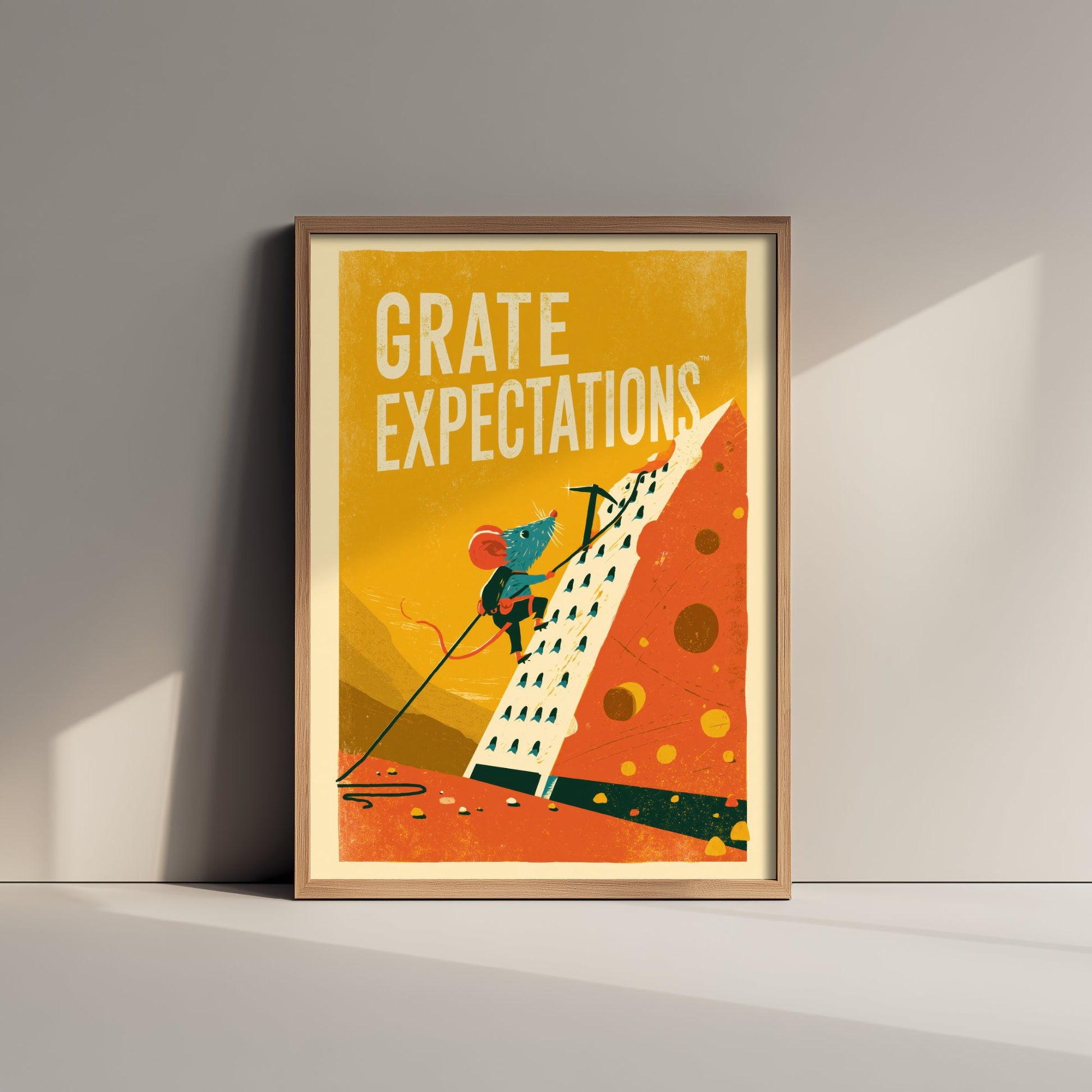 Grate Expectations Art Print - Funny Mouse and Cheese Grater Kitchen Poster - Retro Pun Illustration