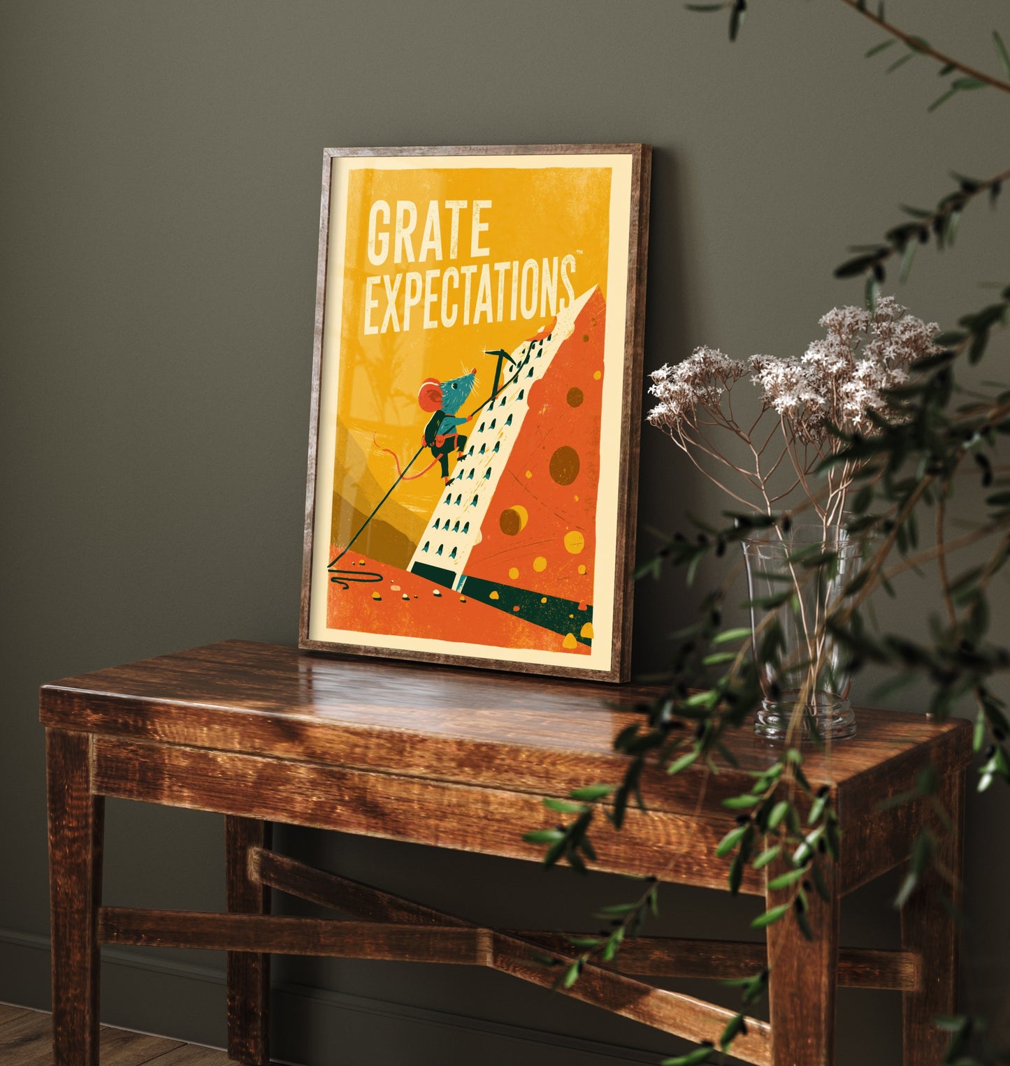 Grate Expectations Art Print - Funny Mouse and Cheese Grater Kitchen Poster - Retro Pun Illustration