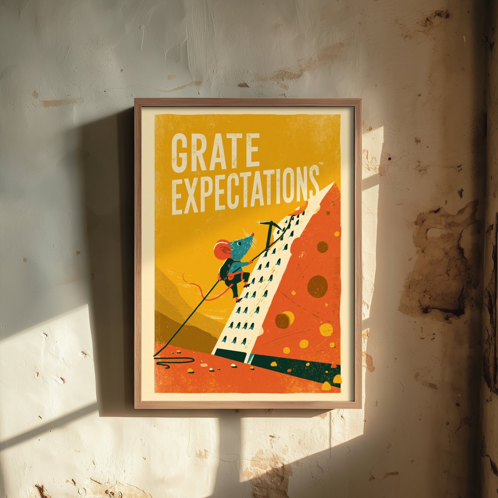 Grate Expectations Art Print - Funny Mouse and Cheese Grater Kitchen Poster - Retro Pun Illustration