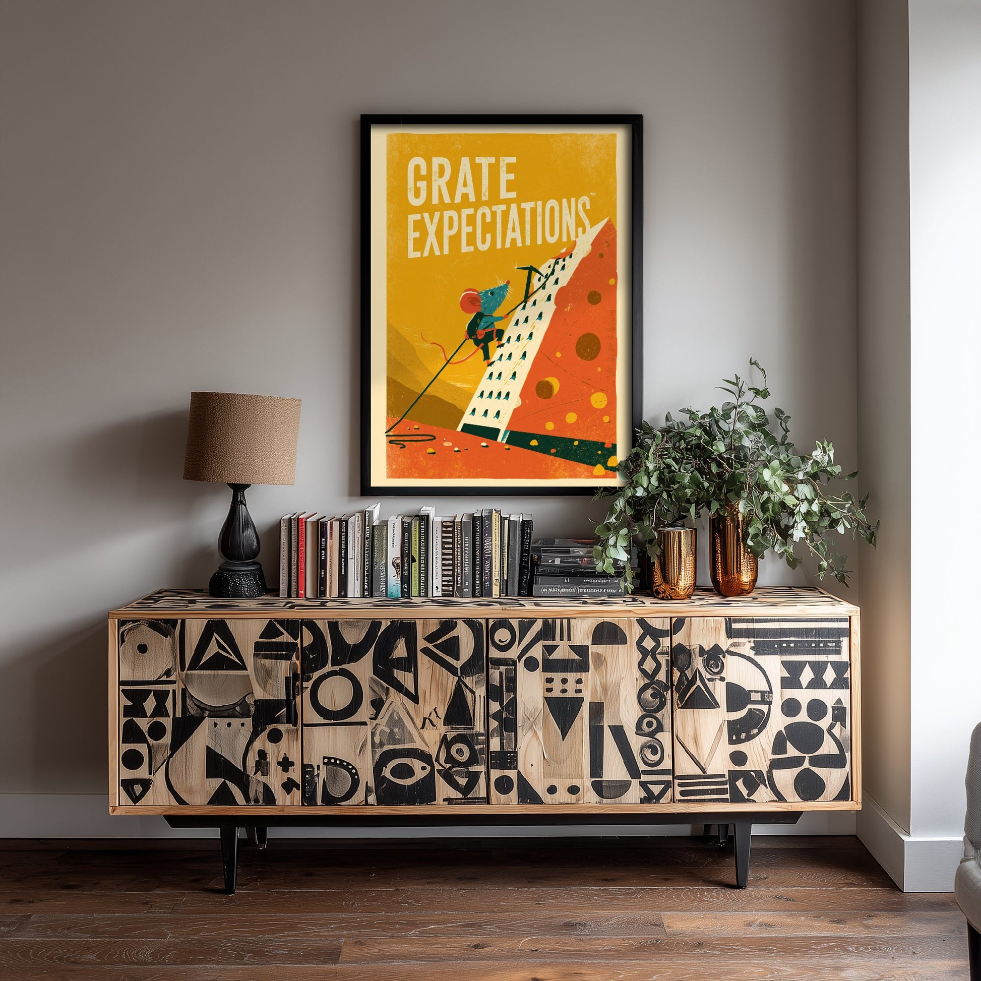 Grate Expectations Art Print - Funny Mouse and Cheese Grater Kitchen Poster - Retro Pun Illustration