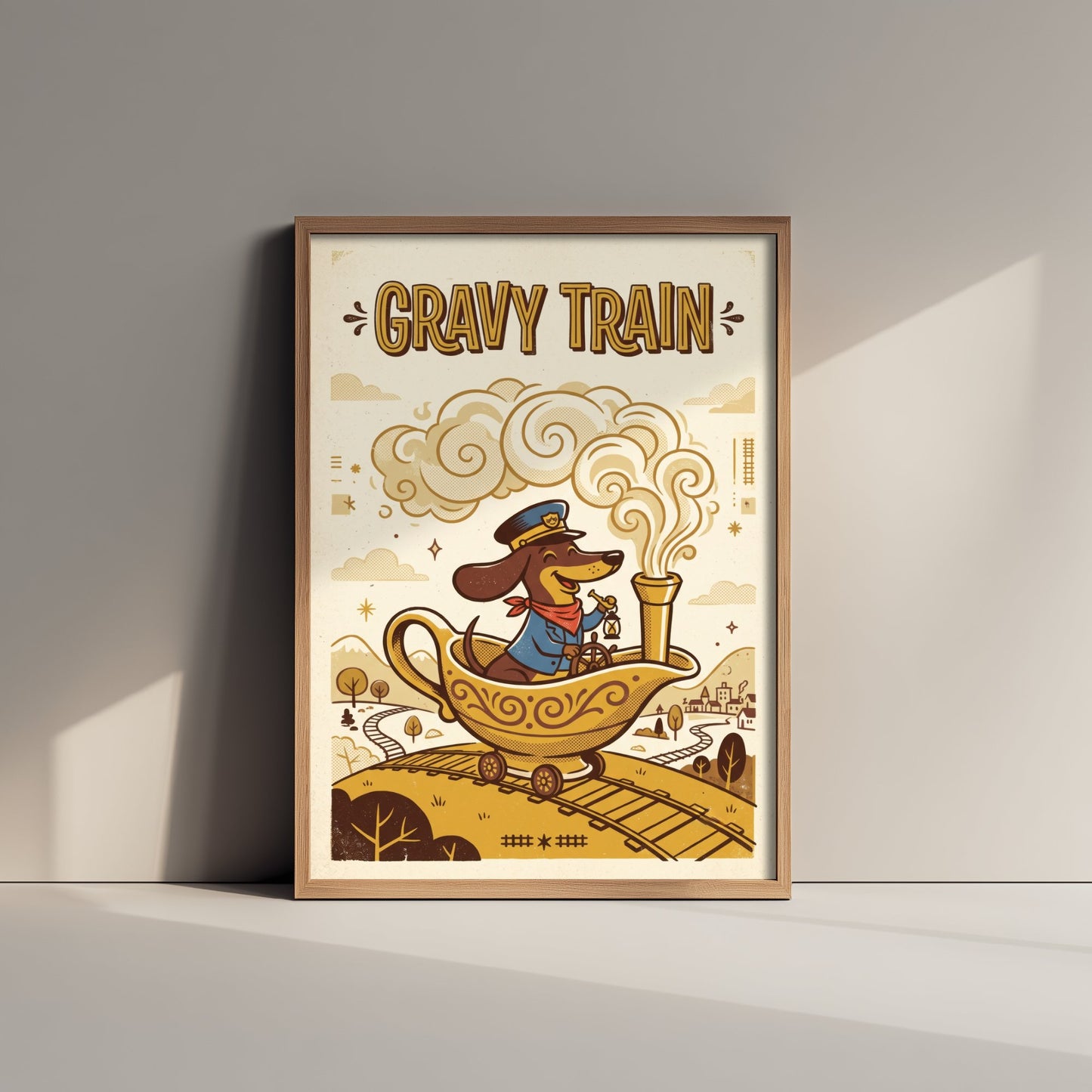 Gravy Train Art Print - Funny Dachshund and Gravy Boat Kitchen Poster - Retro Pun Illustration