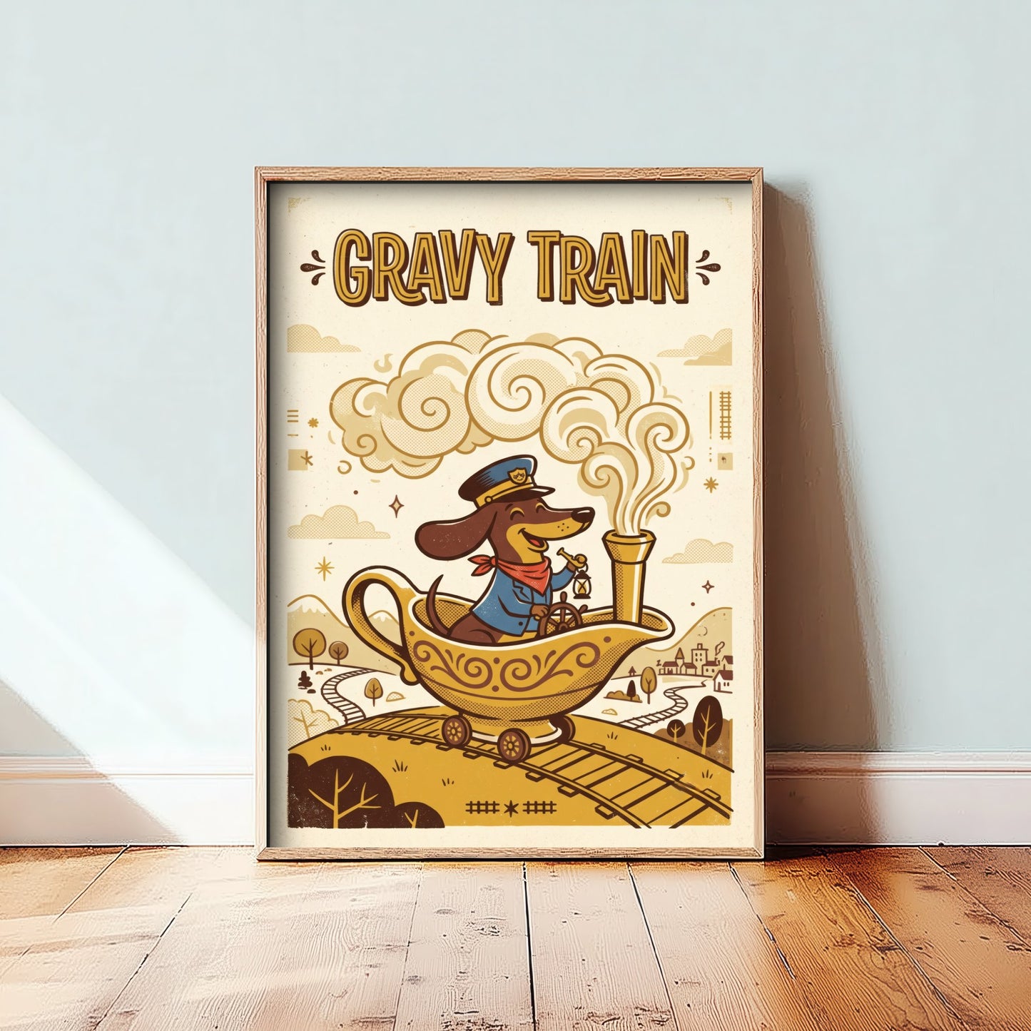 Gravy Train Art Print - Funny Dachshund and Gravy Boat Kitchen Poster - Retro Pun Illustration