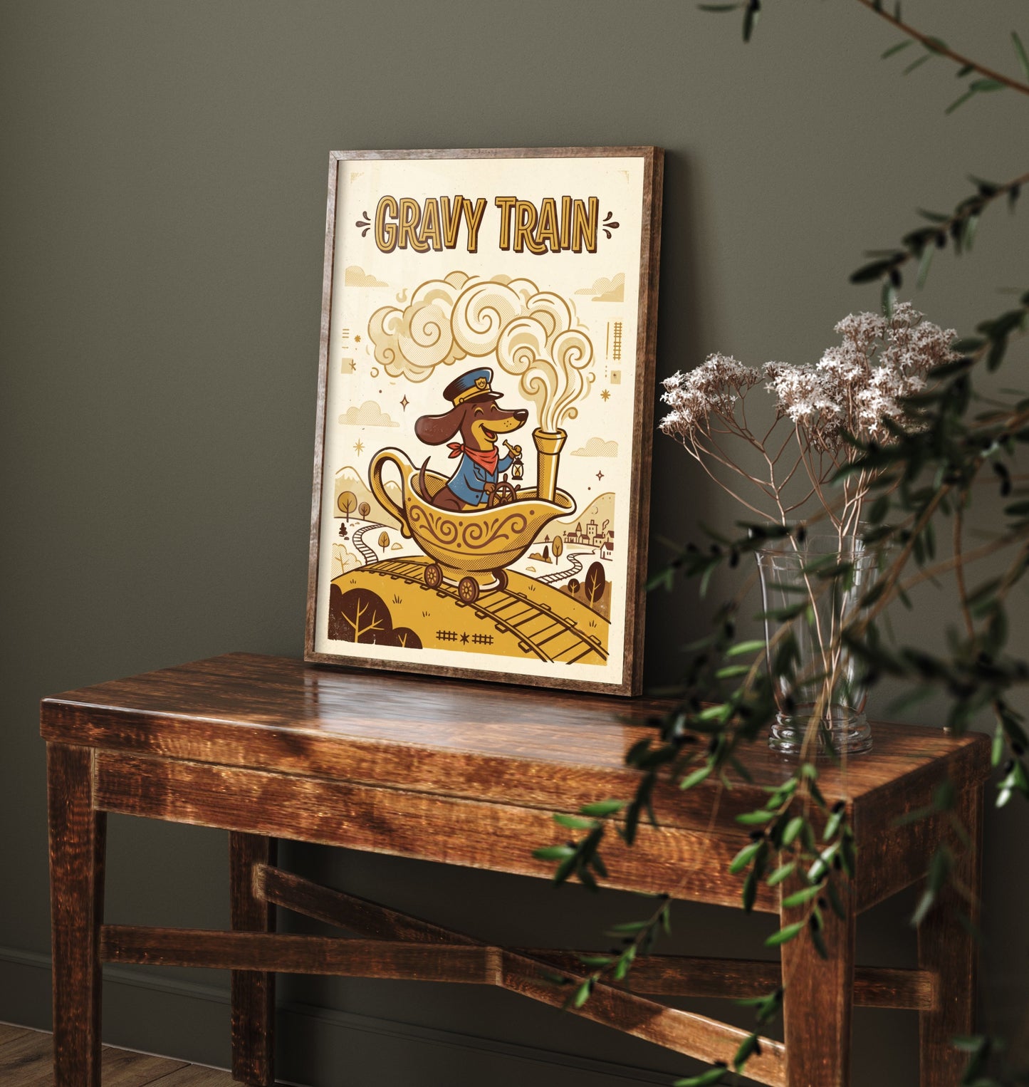 Gravy Train Art Print - Funny Dachshund and Gravy Boat Kitchen Poster - Retro Pun Illustration