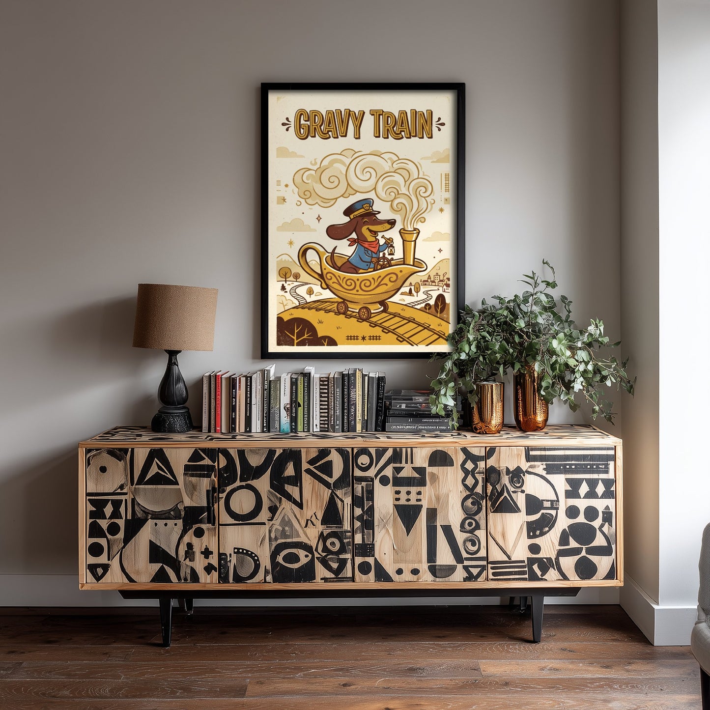 Gravy Train Art Print - Funny Dachshund and Gravy Boat Kitchen Poster - Retro Pun Illustration