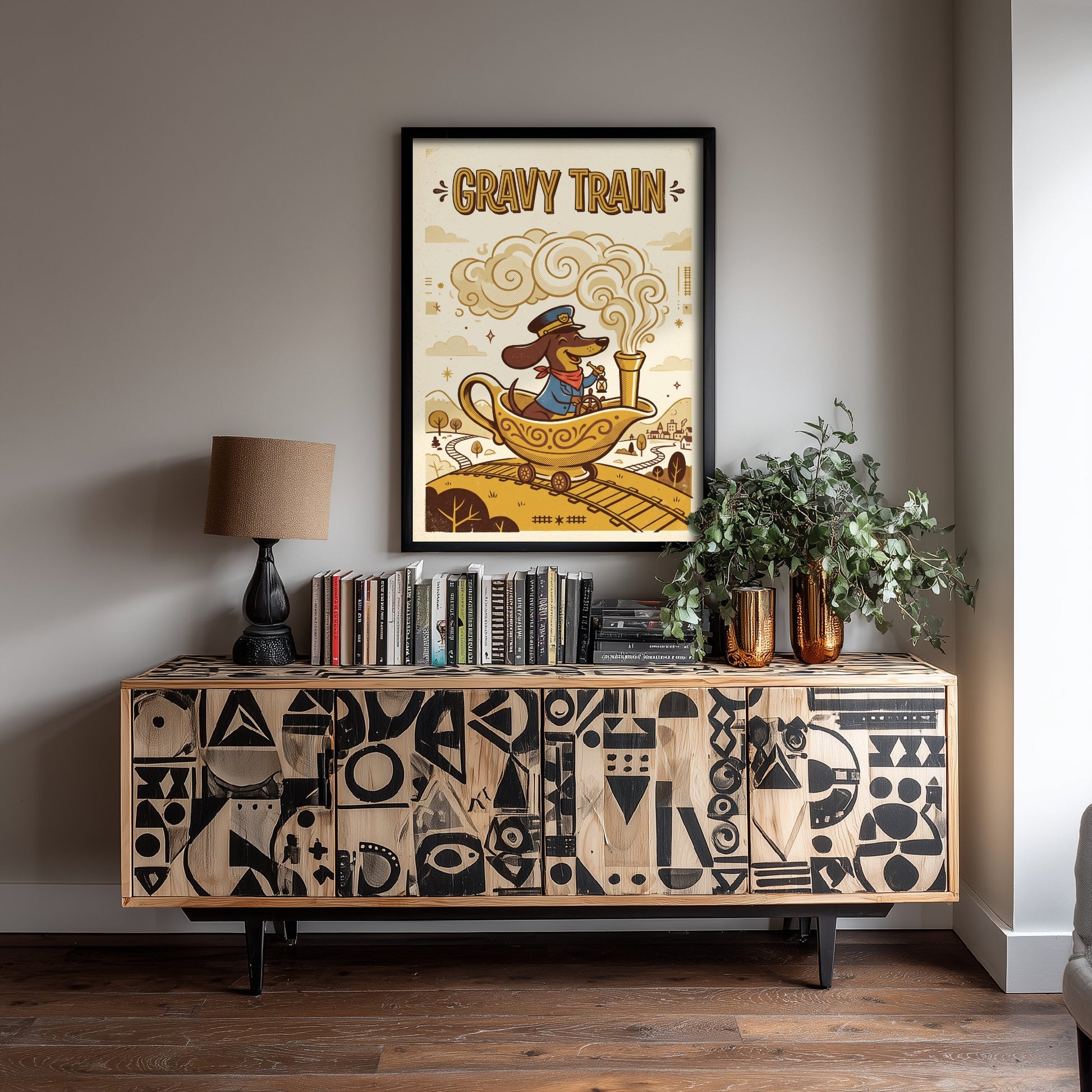 Gravy Train Art Print - Funny Dachshund and Gravy Boat Kitchen Poster - Retro Pun Illustration