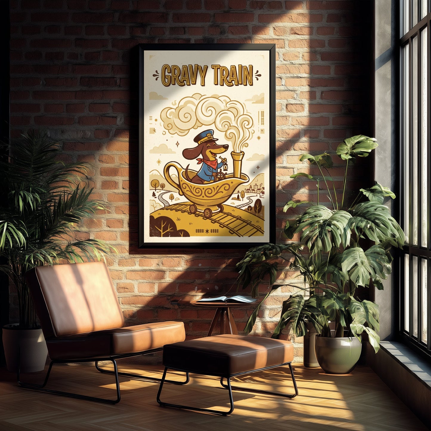 Gravy Train Art Print - Funny Dachshund and Gravy Boat Kitchen Poster - Retro Pun Illustration