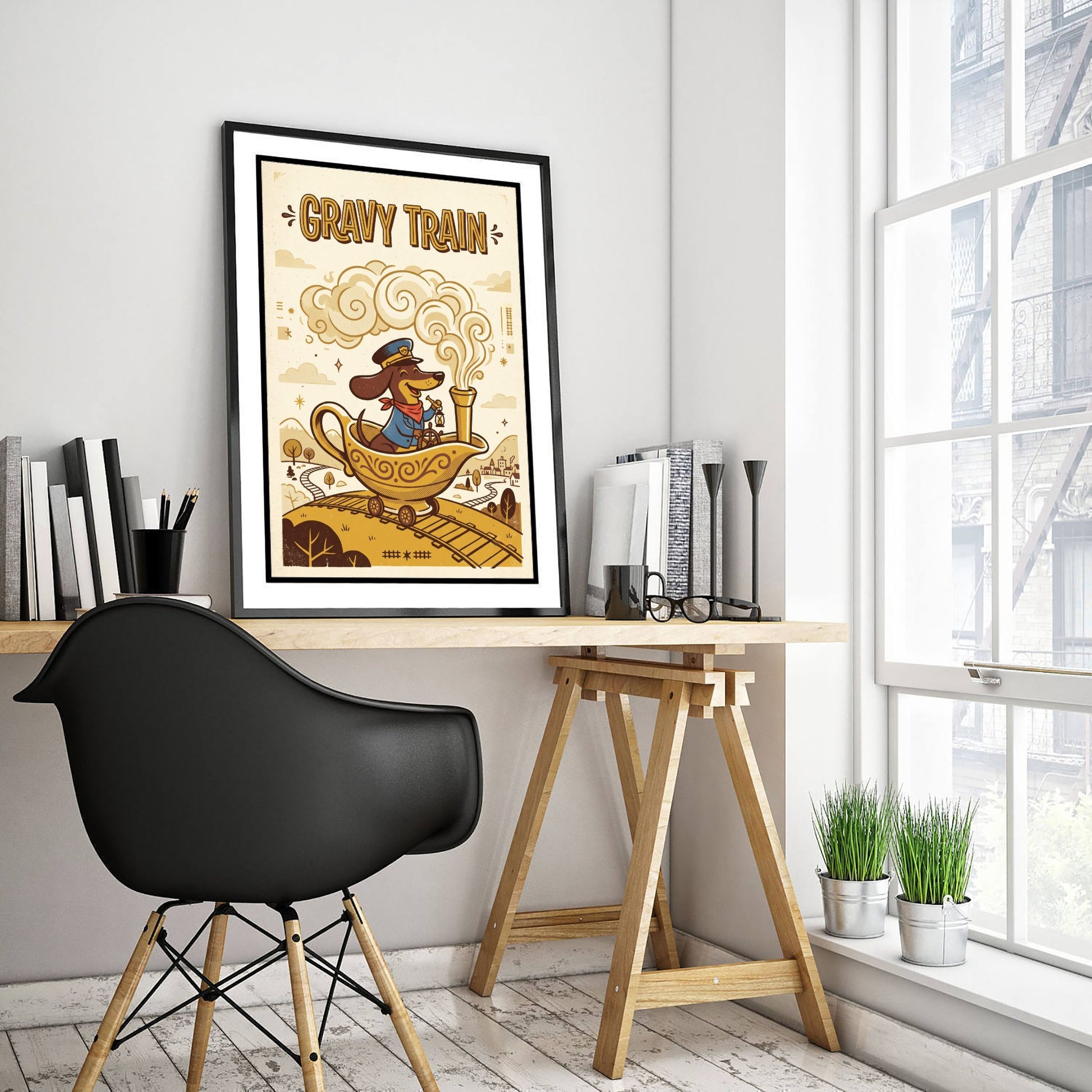 Gravy Train Art Print - Funny Dachshund and Gravy Boat Kitchen Poster - Retro Pun Illustration