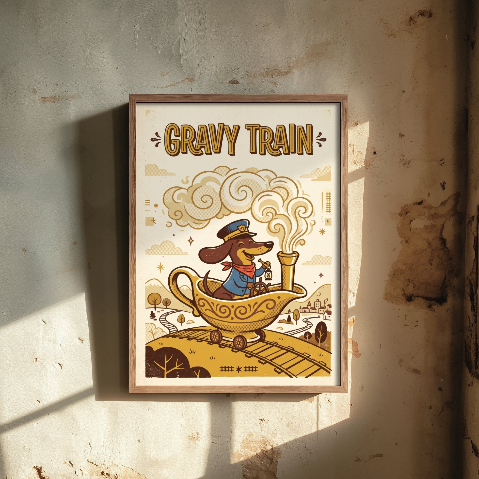 Gravy Train Art Print - Funny Dachshund and Gravy Boat Kitchen Poster - Retro Pun Illustration