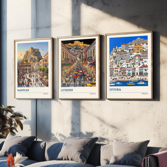 Greece Set of Three Art Prints - Nafplio, Athens, Hydra - 3 Colourful Folk Illustration Travel Posters - Greek Painting