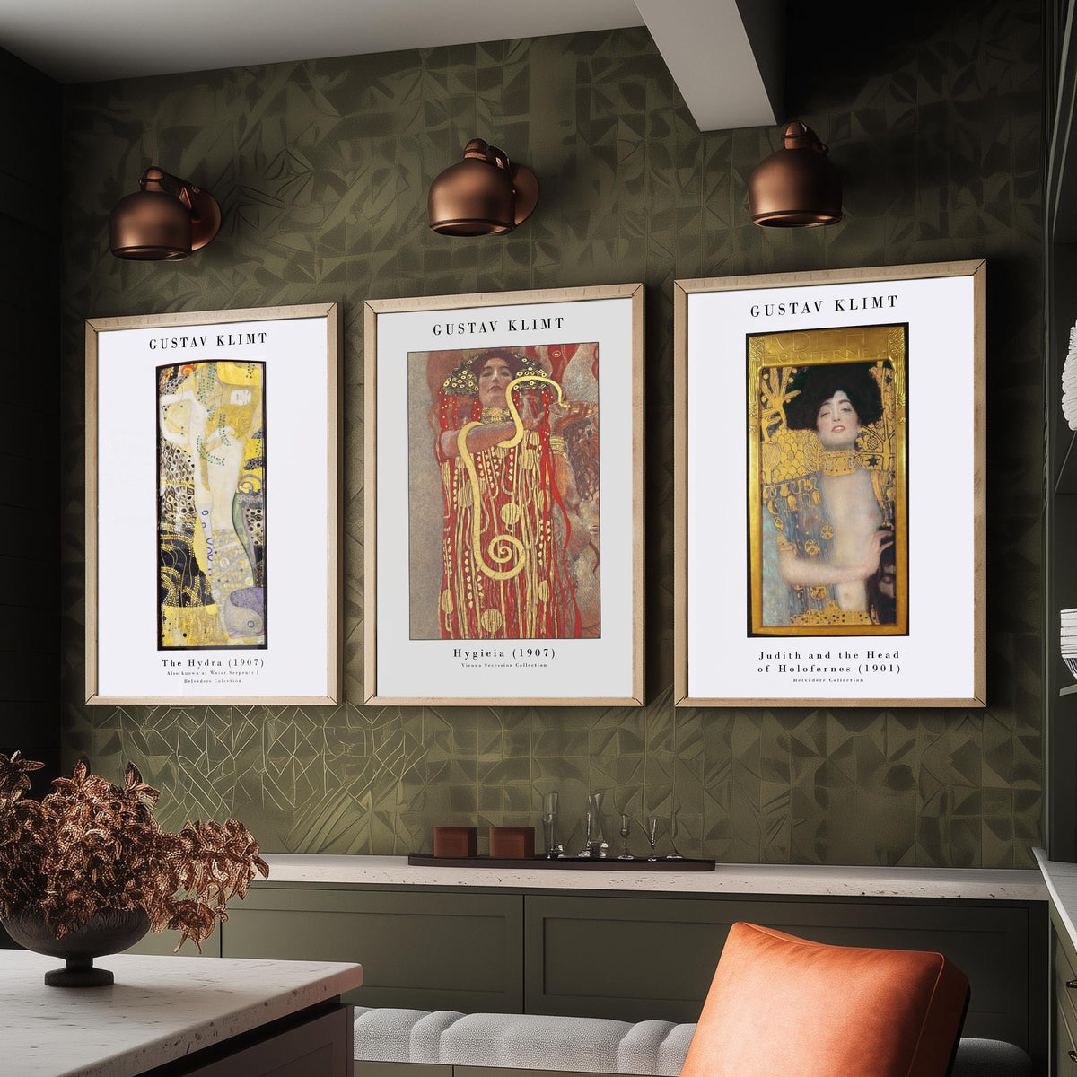 Gustav Klimt Set of Three Art Prints - Hydra Hygieia Judith - 3 Gold Painting Posters - Art Nouveau Wall Art Gift Giclee Museum