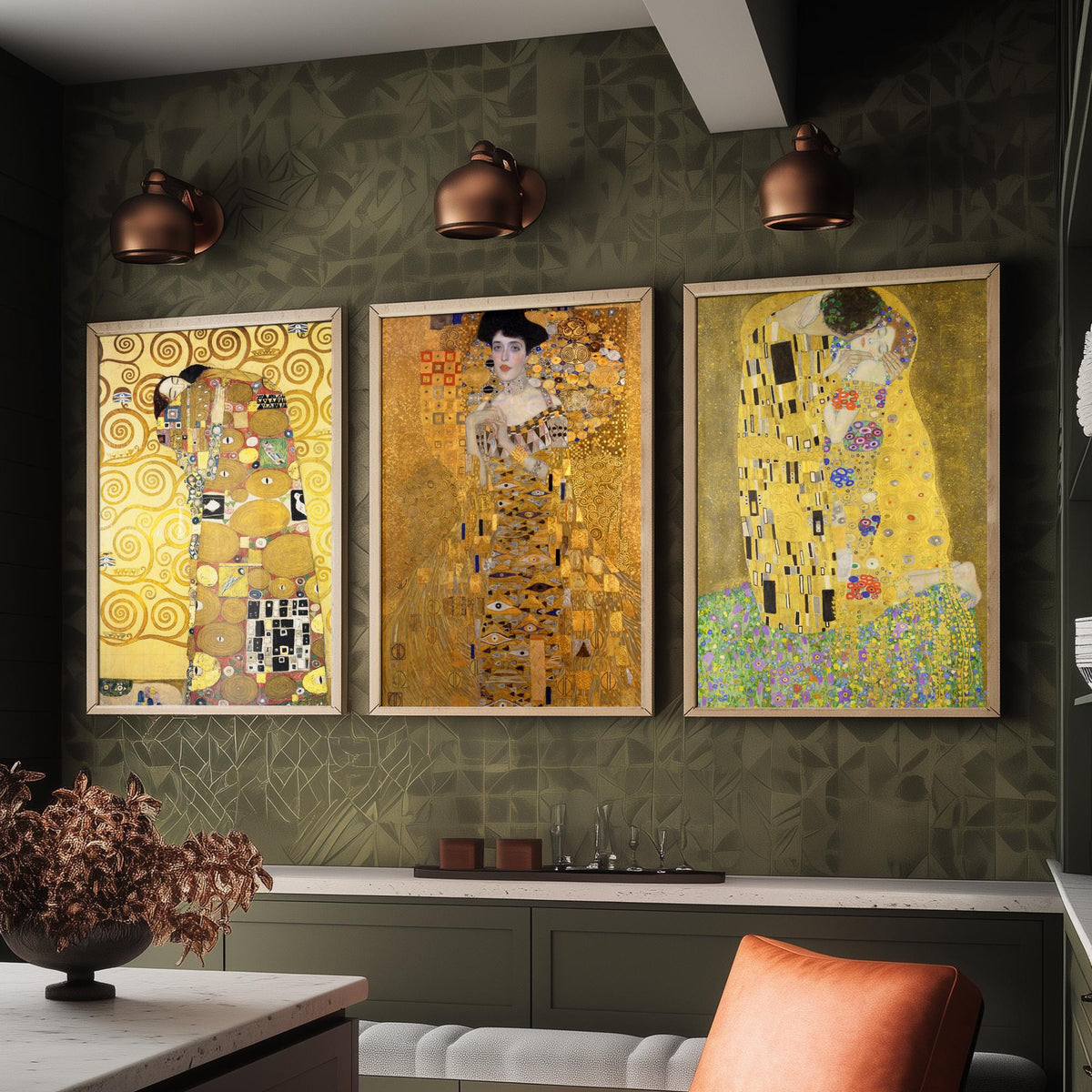 Gustav Klimt Set of Three Art Prints - The Kiss Woman in Gold Embrace - 3 Golden Painting Posters - Art Nouveau Wall Art Giclee