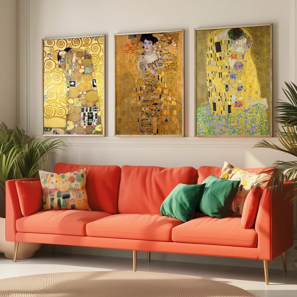 Gustav Klimt Set of Three Art Prints - The Kiss Woman in Gold Embrace - 3 Golden Painting Posters - Art Nouveau Wall Art Giclee