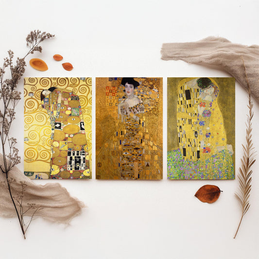 Gustav Klimt Set of Three Art Prints - The Kiss Woman in Gold Embrace - 3 Golden Painting Posters - Art Nouveau Wall Art Giclee