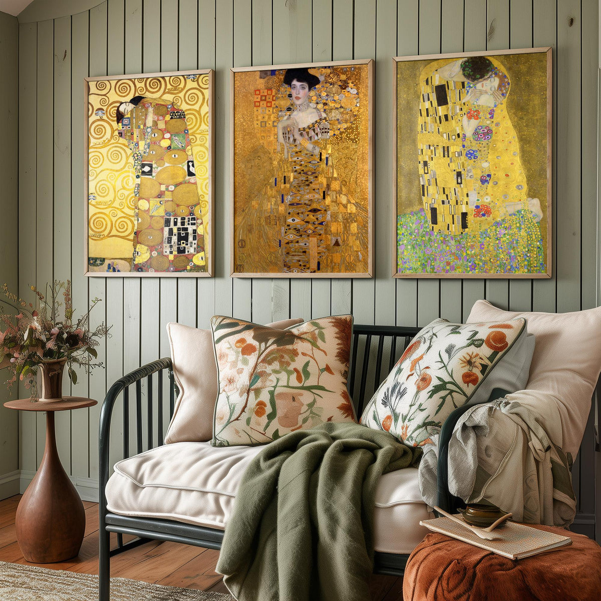 Gustav Klimt Set of Three Art Prints - The Kiss Woman in Gold Embrace - 3 Golden Painting Posters - Art Nouveau Wall Art Giclee