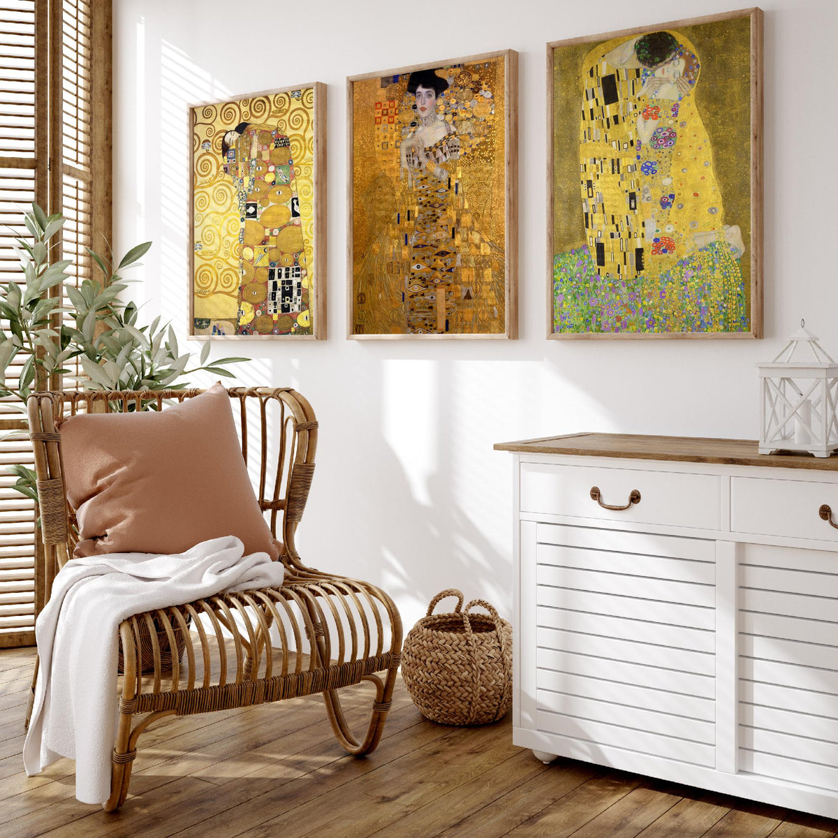 Gustav Klimt Set of Three Art Prints - The Kiss Woman in Gold Embrace - 3 Golden Painting Posters - Art Nouveau Wall Art Giclee