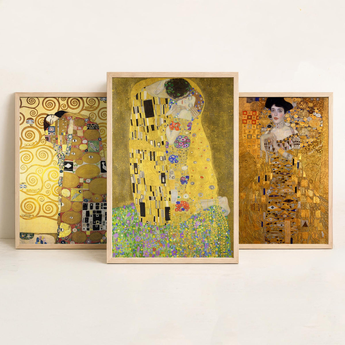 Gustav Klimt Set of Three Art Prints - The Kiss Woman in Gold Embrace - 3 Golden Painting Posters - Art Nouveau Wall Art Giclee