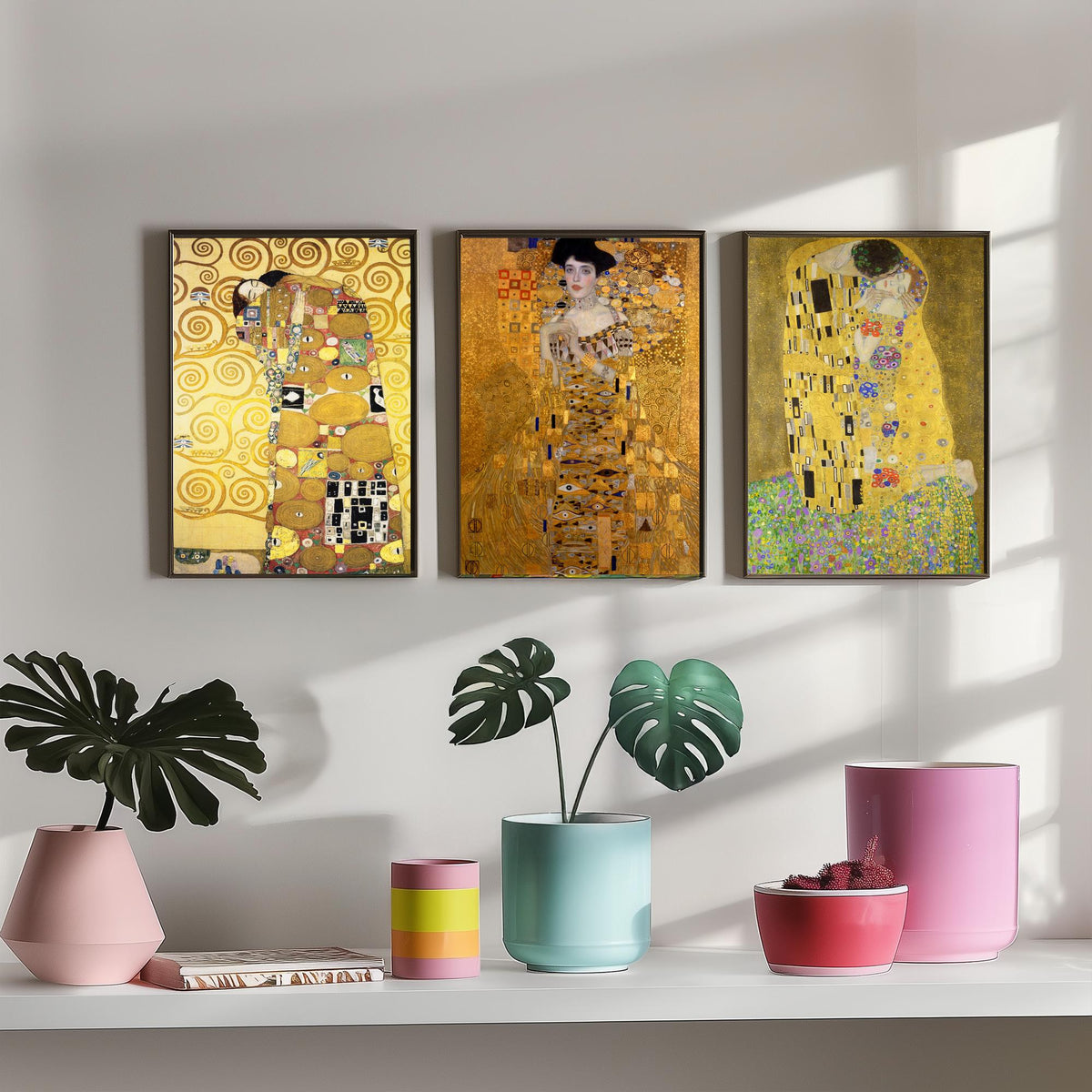 Gustav Klimt Set of Three Art Prints - The Kiss Woman in Gold Embrace - 3 Golden Painting Posters - Art Nouveau Wall Art Giclee