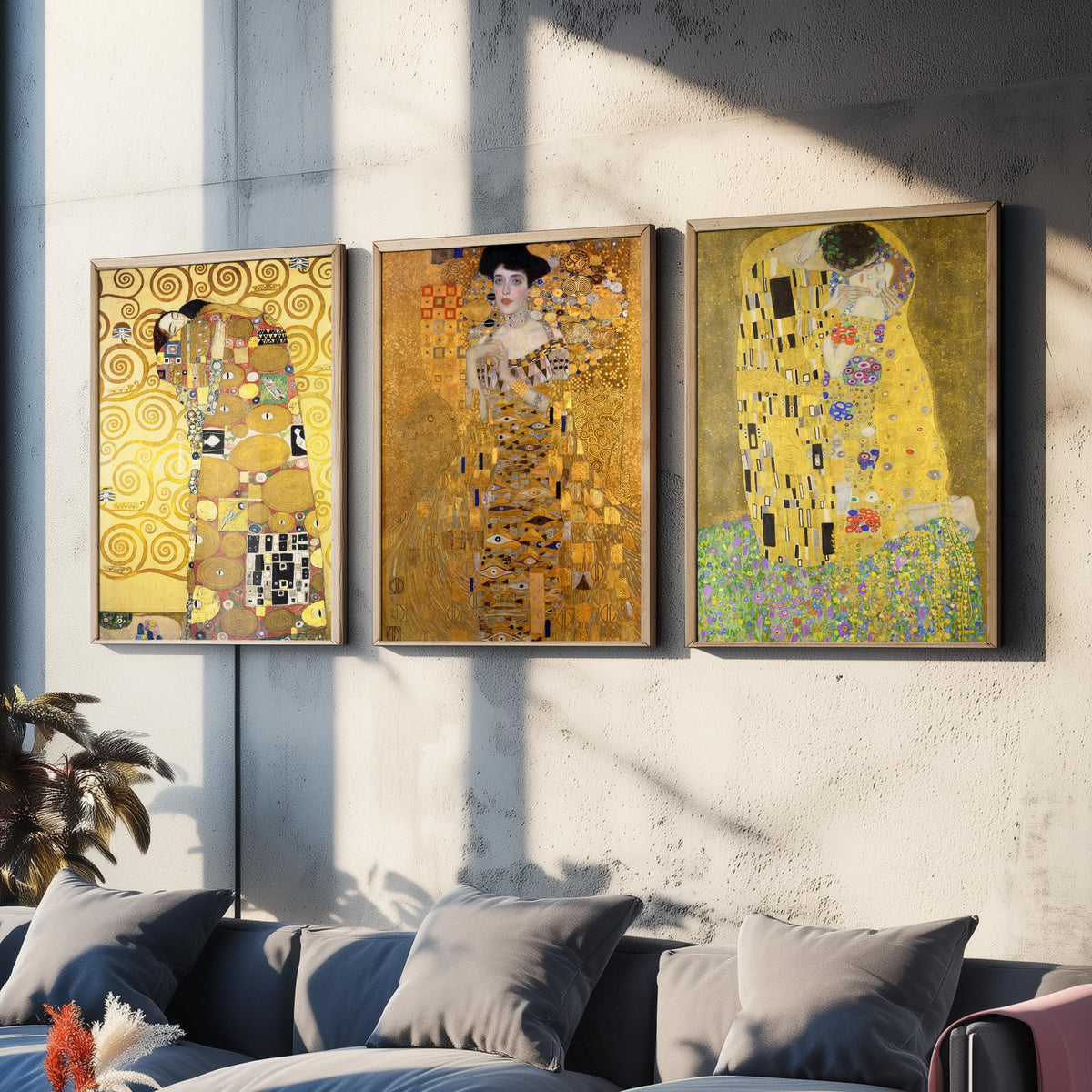 Gustav Klimt Set of Three Art Prints - The Kiss Woman in Gold Embrace - 3 Golden Painting Posters - Art Nouveau Wall Art Giclee