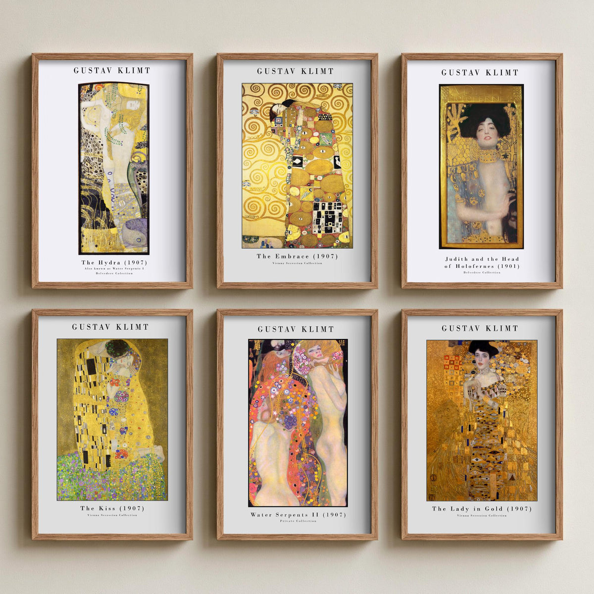 Set of Six Gustav Klimt Art Prints - 6 Golden Phase Posters - The Kiss, The Embrace, Lady in Gold, Judith, Water Serpents Painting