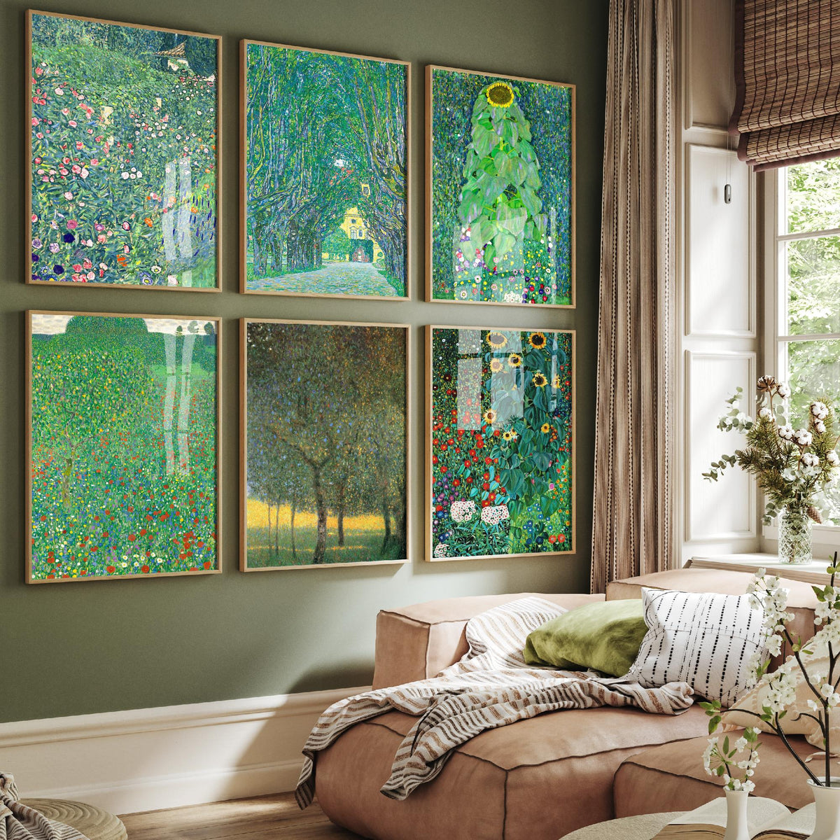 Set of Six Gustav Klimt Landscape Art Prints - 6 Green Garden Posters - Avenue of Schloss Kammer, Sunflower, Poppy Field Painting