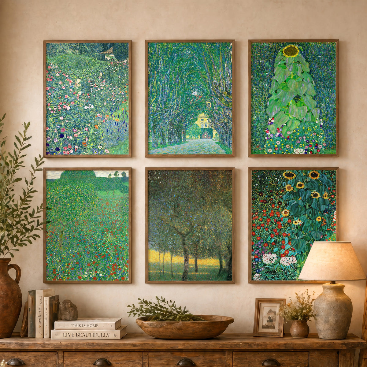 Set of Six Gustav Klimt Landscape Art Prints - 6 Green Garden Posters - Avenue of Schloss Kammer, Sunflower, Poppy Field Painting
