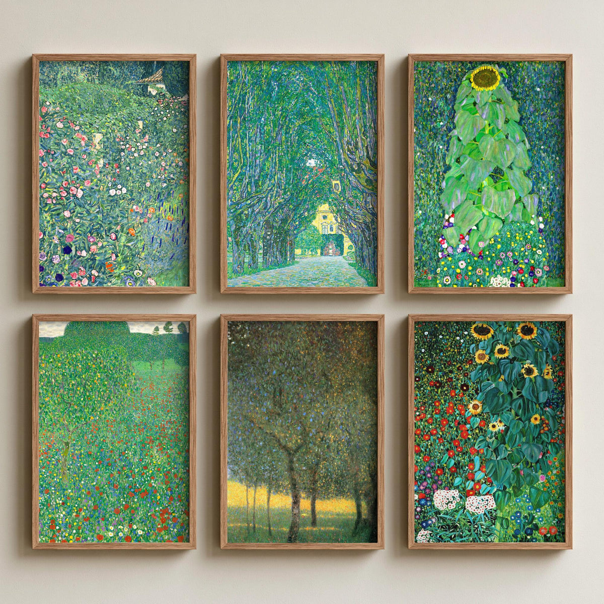 Set of Six Gustav Klimt Landscape Art Prints - 6 Green Garden Posters - Avenue of Schloss Kammer, Sunflower, Poppy Field Painting