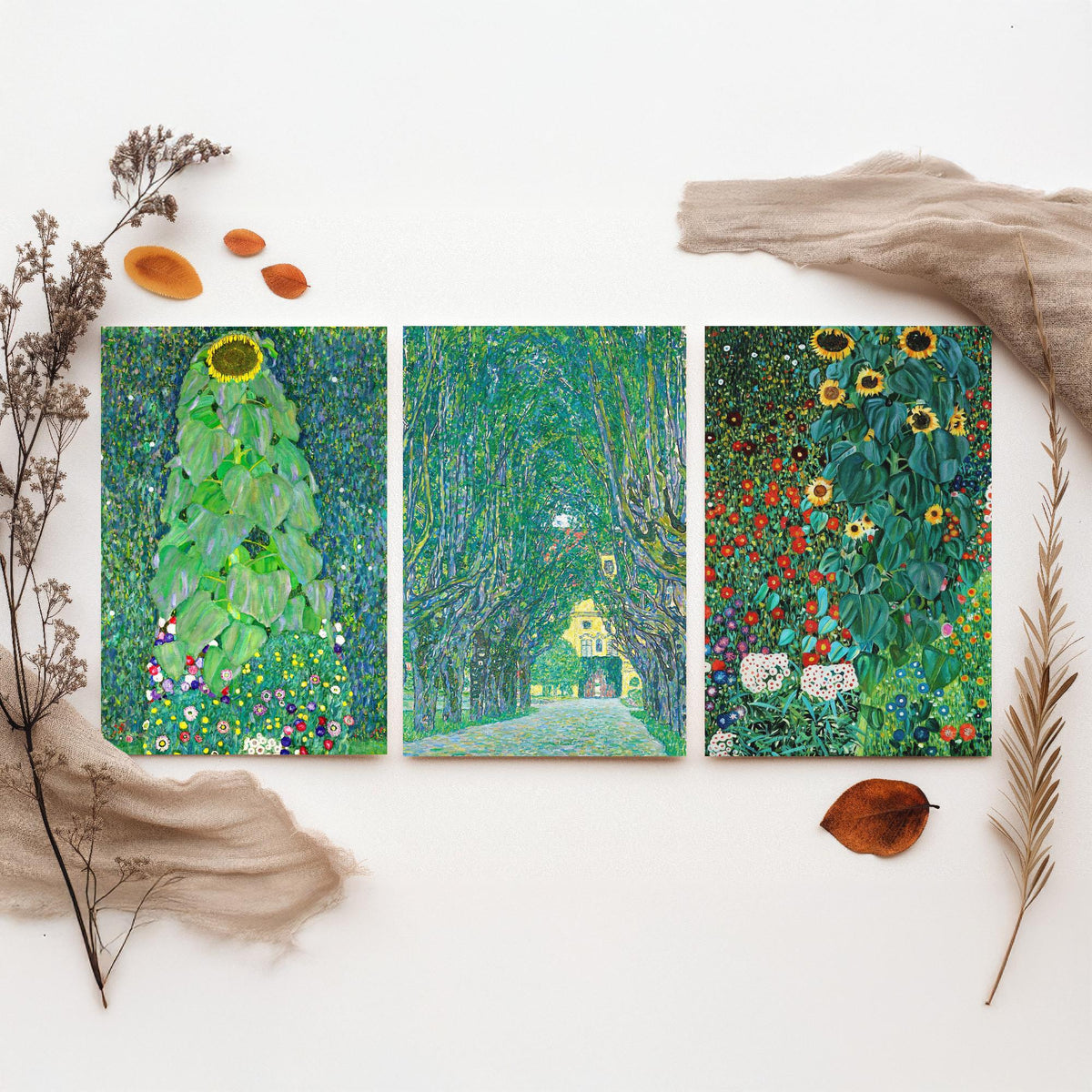 Gustav Klimt Set of Three Art Prints - 3 Green Garden Landscape Posters - Sunflower Painting Wall Art Gift Giclee Museum Nature
