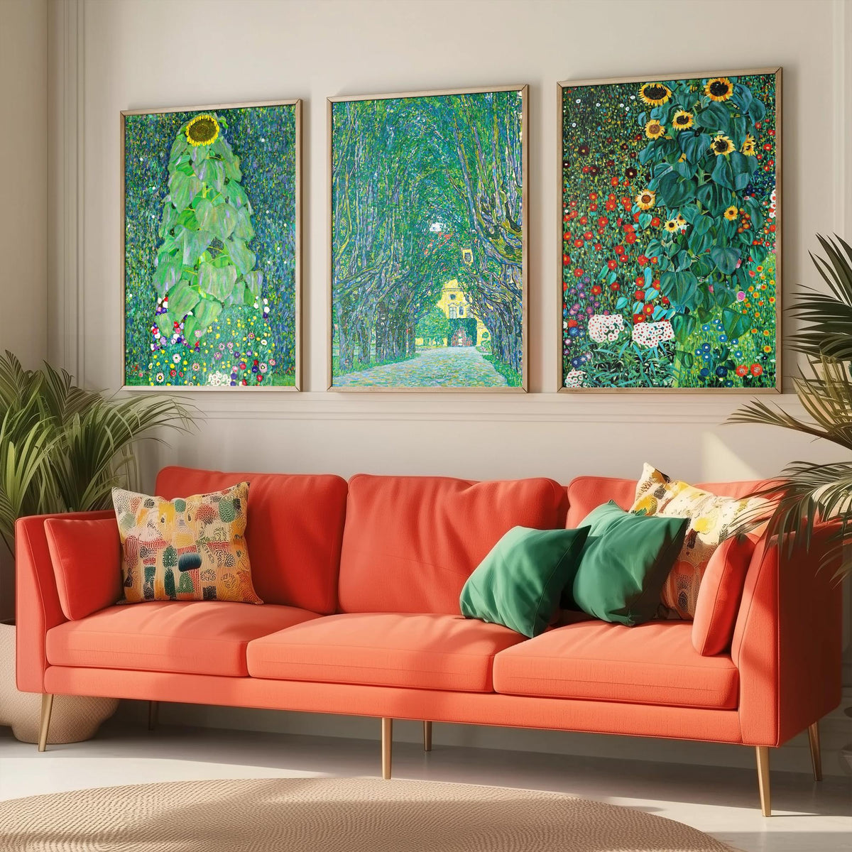 Gustav Klimt Set of Three Art Prints - 3 Green Garden Landscape Posters - Sunflower Painting Wall Art Gift Giclee Museum Nature
