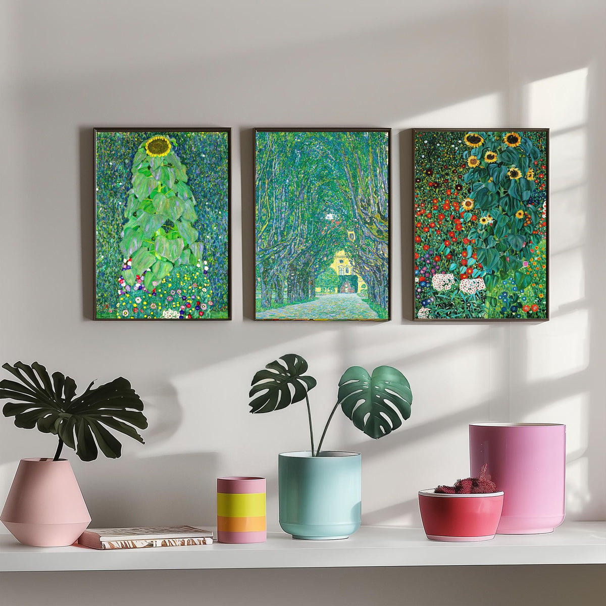 Gustav Klimt Set of Three Art Prints - 3 Green Garden Landscape Posters - Sunflower Painting Wall Art Gift Giclee Museum Nature