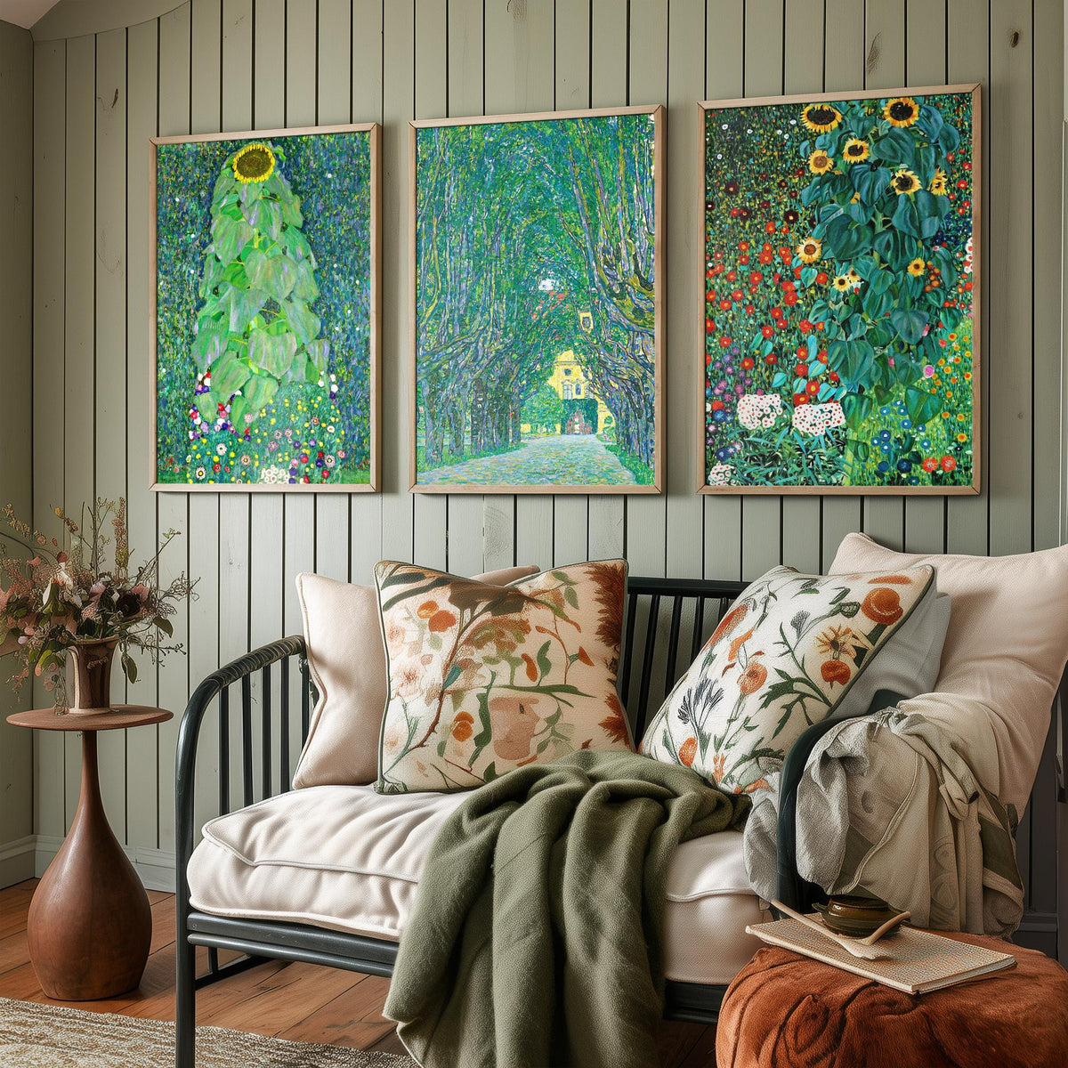 Gustav Klimt Set of Three Art Prints - 3 Green Garden Landscape Posters - Sunflower Painting Wall Art Gift Giclee Museum Nature