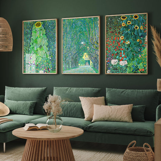 Gustav Klimt Set of Three Art Prints - 3 Green Garden Landscape Posters - Sunflower Painting Wall Art Gift Giclee Museum Nature