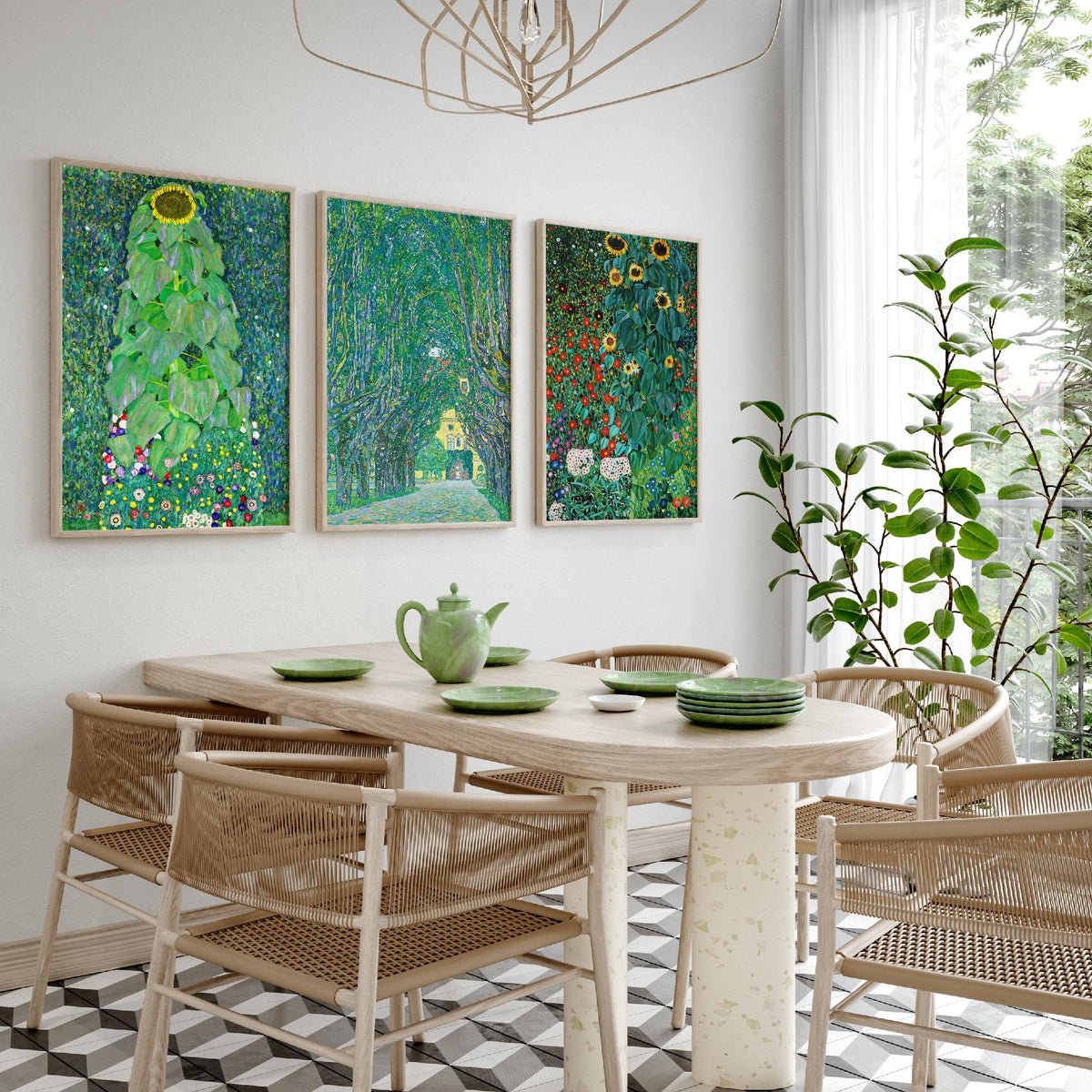 Gustav Klimt Set of Three Art Prints - 3 Green Garden Landscape Posters - Sunflower Painting Wall Art Gift Giclee Museum Nature