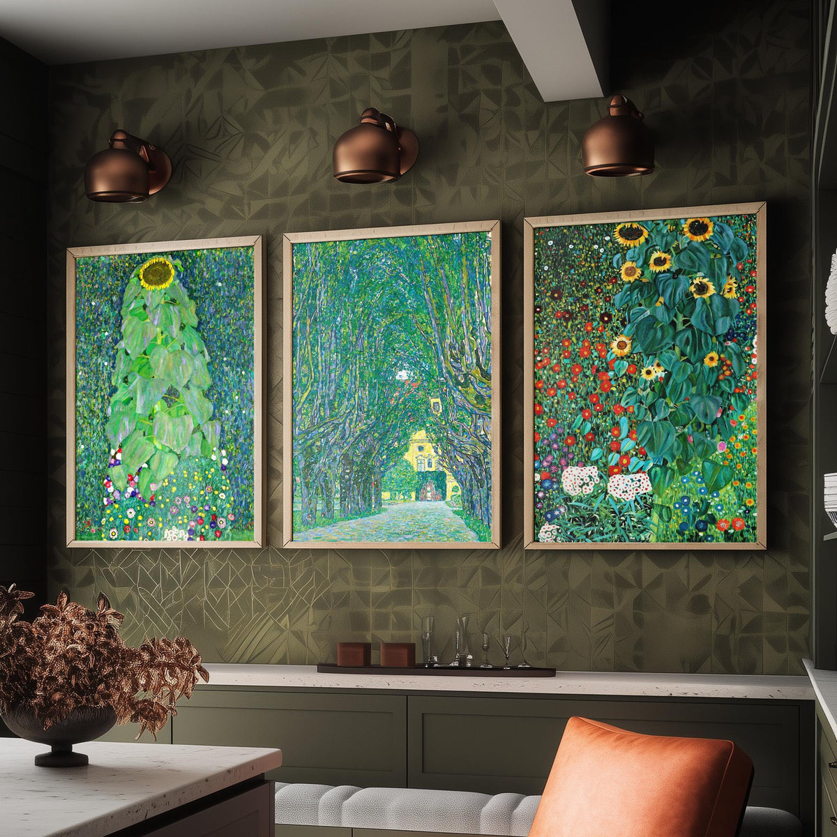 Gustav Klimt Set of Three Art Prints - 3 Green Garden Landscape Posters - Sunflower Painting Wall Art Gift Giclee Museum Nature