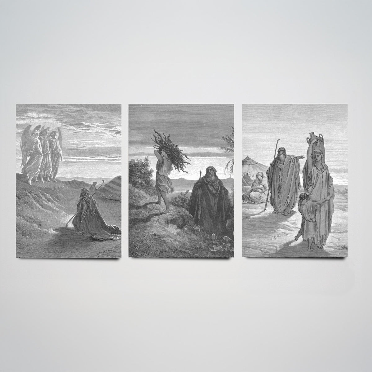 Gustave Dore Set of Three Art Prints - Abraham Three Angels Isaac Hagar - 3 Bible Engraving Posters - Wall Art Gift Giclee Drawing