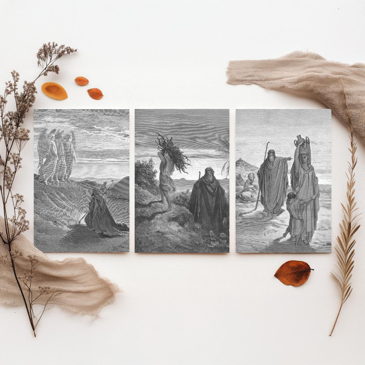 Gustave Dore Set of Three Art Prints - Abraham Three Angels Isaac Hagar - 3 Bible Engraving Posters - Wall Art Gift Giclee Drawing