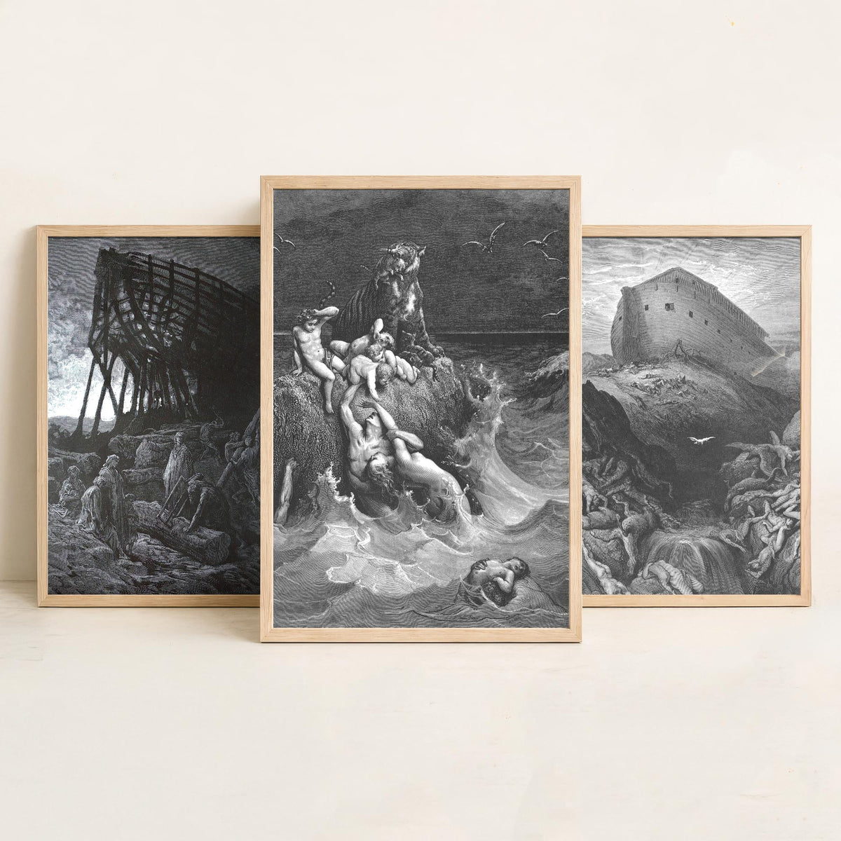 Gustave Dore Set of Three Art Prints - Noahs Ark Dove Deluge - 3 Bible Engraving Posters - Flood Wall Art Gift Giclee Drawing