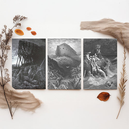 Gustave Dore Set of Three Art Prints - Noahs Ark Dove Deluge - 3 Bible Engraving Posters - Flood Wall Art Gift Giclee Drawing