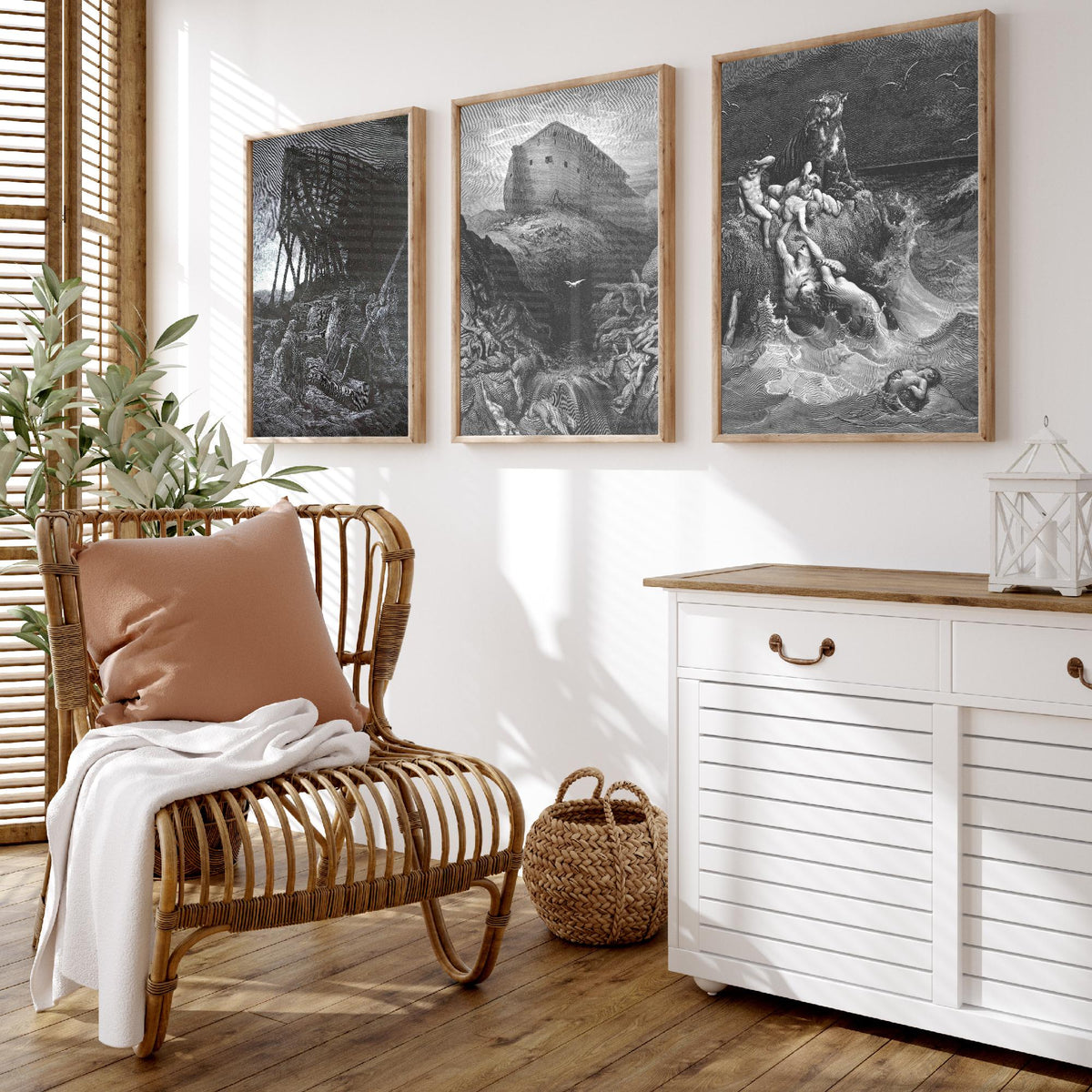 Gustave Dore Set of Three Art Prints - Noahs Ark Dove Deluge - 3 Bible Engraving Posters - Flood Wall Art Gift Giclee Drawing