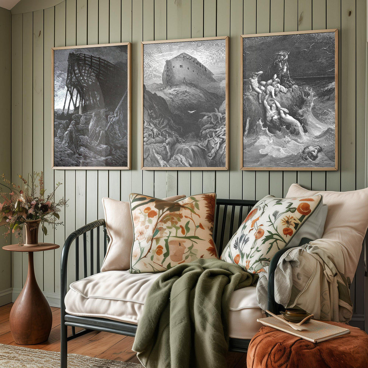 Gustave Dore Set of Three Art Prints - Noahs Ark Dove Deluge - 3 Bible Engraving Posters - Flood Wall Art Gift Giclee Drawing
