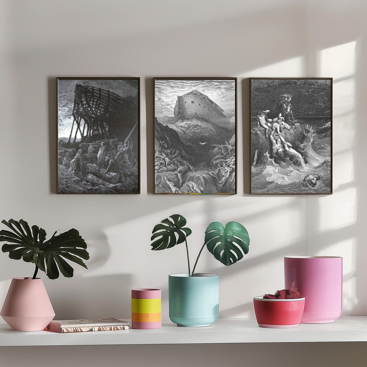 Gustave Dore Set of Three Art Prints - Noahs Ark Dove Deluge - 3 Bible Engraving Posters - Flood Wall Art Gift Giclee Drawing