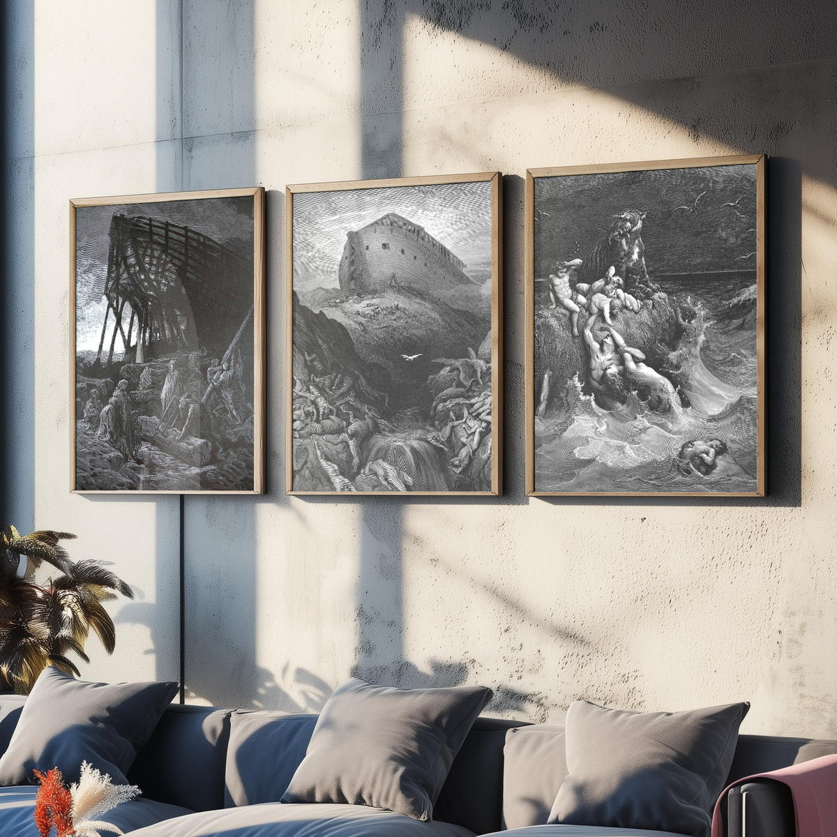 Gustave Dore Set of Three Art Prints - Noahs Ark Dove Deluge - 3 Bible Engraving Posters - Flood Wall Art Gift Giclee Drawing