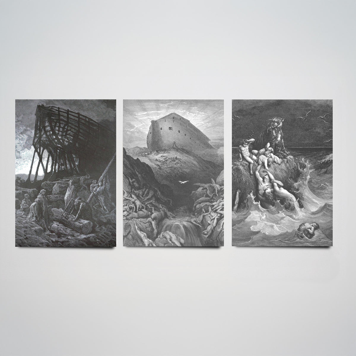 Gustave Dore Set of Three Art Prints - Noahs Ark Dove Deluge - 3 Bible Engraving Posters - Flood Wall Art Gift Giclee Drawing
