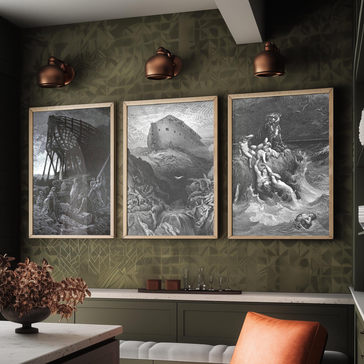 Gustave Dore Set of Three Art Prints - Noahs Ark Dove Deluge - 3 Bible Engraving Posters - Flood Wall Art Gift Giclee Drawing